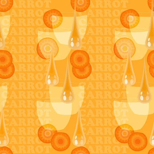 无缝的纹理与胡萝卜片 玻璃和滴果汁在橙色的背景 向量例证 花卉纹理与自然元素和文字胡萝卜 — 图库矢量图片