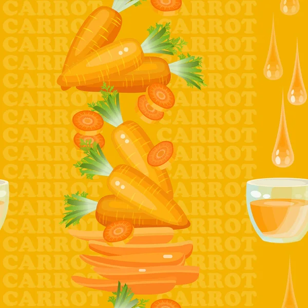 ガラス 人参とシームレスなテクスチャは オレンジ色の背景にジュースとスライスをドロップします ベクトルの図 自然の要素とニンジンの言葉花のテクスチャ — ストックベクタ