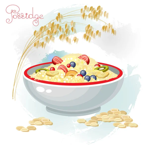 Ilustração Vetorial Mingau Cereal Frutas Tigela Isolada Sobre Fundo Branco —  Vetores de Stock