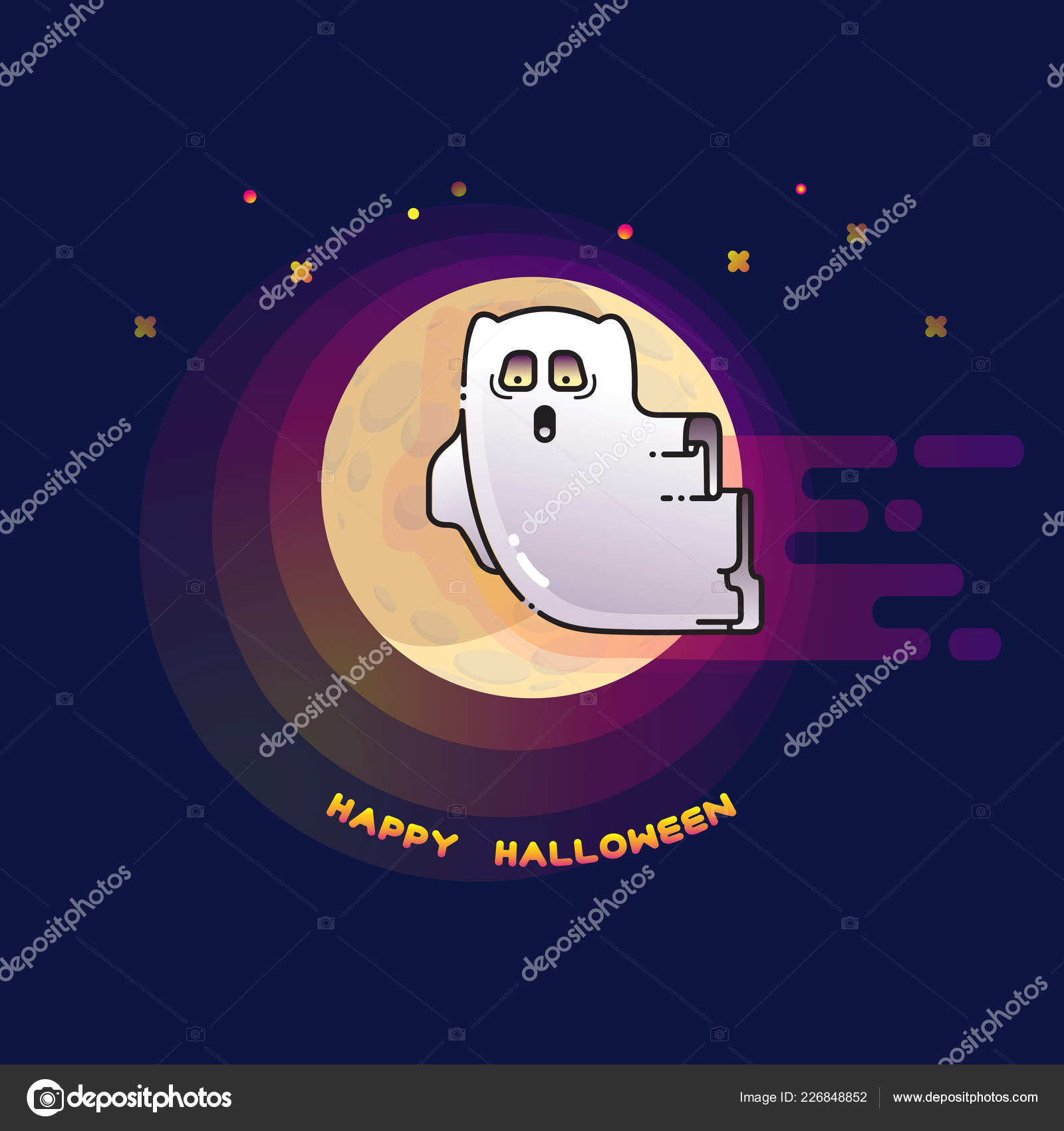 Happy Halloween Card Funny Flying Ghost Spirit Full Moon Cute Stock Vector C Veye 226848852