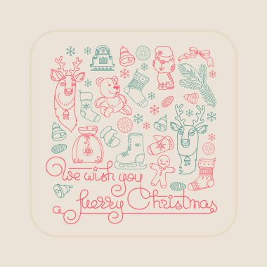 Yarım yamalak Noel çizimde retro tarzı. Şube, hediyeler, paten, çorap, eldiven ve oyuncaklar. Antika arka plan tatil tebrik kartları, baskı, poster için vektör yeni yıl ve kış tatili.