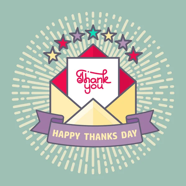 Envelope icon with Thanks message and stars. Ribbon banner with text Happy Thanks Day. Thank You card. Vector illustration.