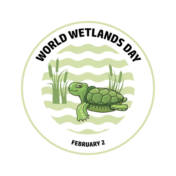 World Wetlands Day Turtle Wave Reed Isolated Wight Background — Stock Vector