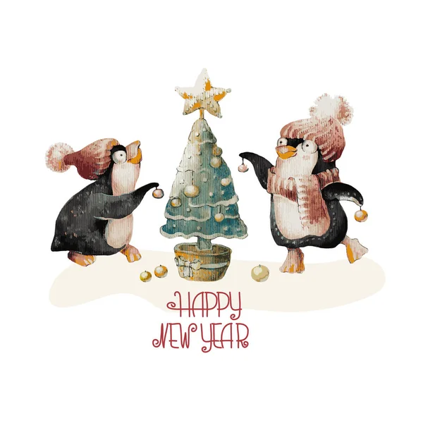 Милые Пингвины Шляпах Рождественская Елка Белом Написанные Руки Слова Новым — стоковый вектор