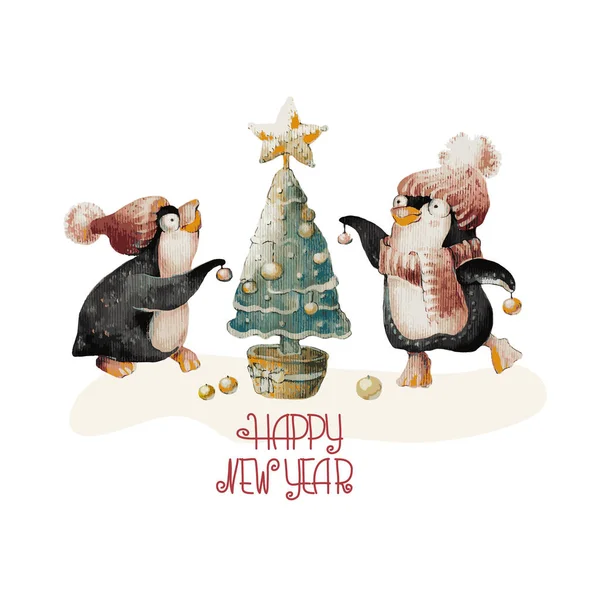 Sevimli penguenler bir şapka ve beyaz Noel ağacına. Karakterlerine Happy New Year. Suluboya kış tatil arka plan. Tasarım, Noel ve yılbaşı tebrik kartı için mükemmel karakter.