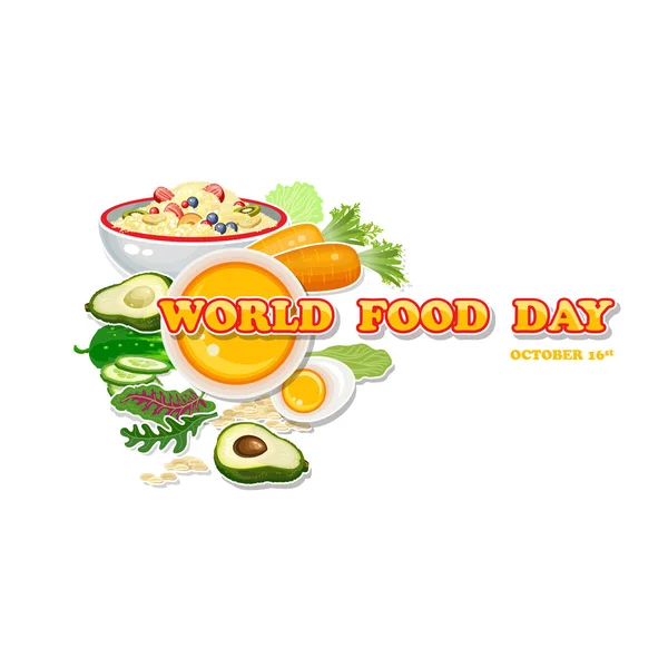 Giornata Mondiale Dell Alimentazione Carota Cetriolo Avocado Uovo Porridge Insalata — Vettoriale Stock