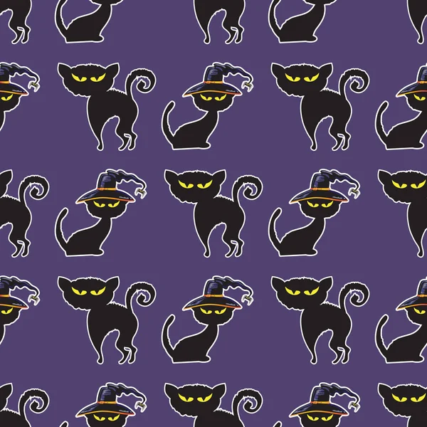 Halloween Preto Gato Sem Costura Padrão Gato Desenho Animado Bonito —  Vetores de Stock