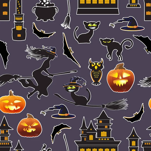 Modèle Sans Couture Halloween Mignon Dessin Animé Citrouille Sorcière Balai — Image vectorielle