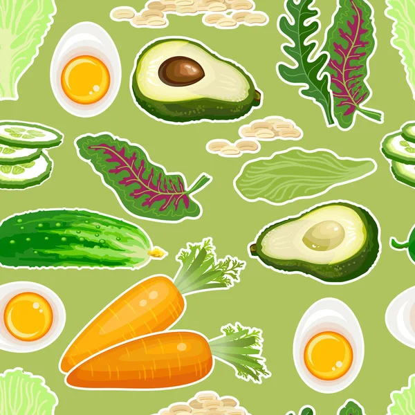 Овощи Бесшовный Рисунок Морковь Огурец Авокадо Яйцо Салат Изолированы Зеленом — стоковый вектор