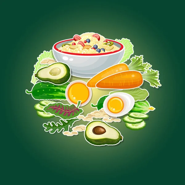Carotte Concombre Avocat Oeuf Porridge Salade Isolés Sur Fond Vert — Image vectorielle