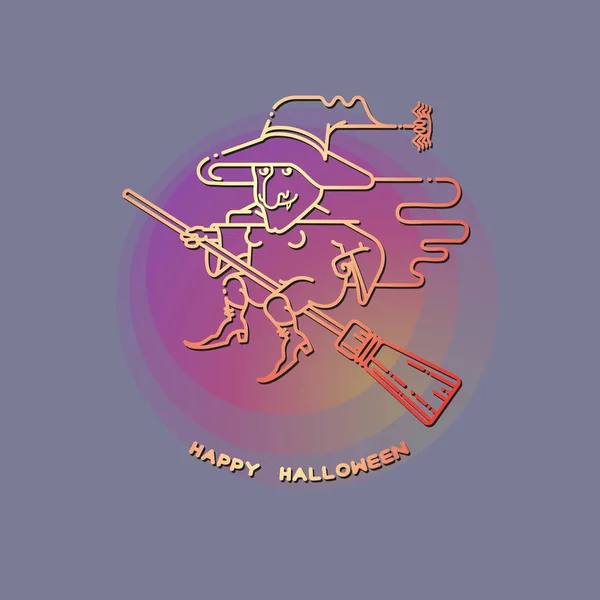Happy Halloween Kaart Met Heks Een Bezem Blauwe Achtergrond — Stockvector