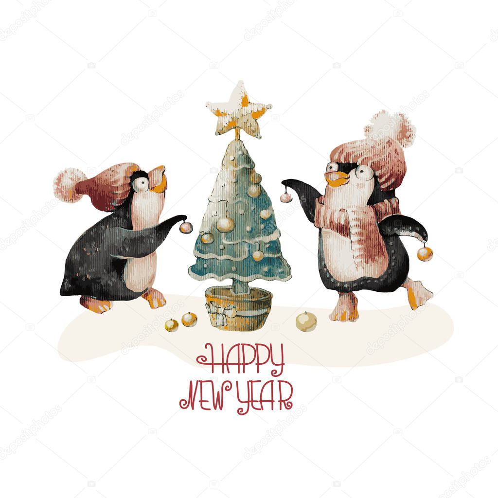 Cute Penguins in a hats and Christmas tree on white.  Handwritten words Happy New Year. Watercolor winter holidays background. Perfect Characters for Christmas and New Year's design, greeting card.