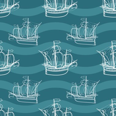Gemi yelken ile seamless modeli deniz. Vektör deniz çizim. Eski yelkenli gemi retro sorunsuz arka plan. Kağıt, kumaş, tekstil baskı sarma için.