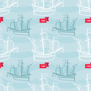 Gemi yelken ile seamless modeli deniz. Vektör vintage tarzı deniz çizimde. Eski yelkenli gemi ve kurdele ile tarihi 1492. Kağıt, kumaş, tekstil baskı sarma için.