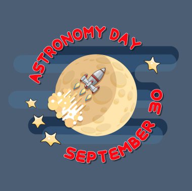 Çizgi film uzay roketi ve ay. Astronomi tebrik kartı. Astronomi gün. Göksel vektör çizim.