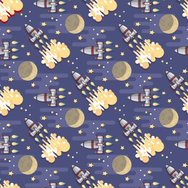 Sevimli çizgi film uzay roketi, yıldız, gezegen ve mavi arka plan Ay'da. Vektör göksel seamless modeli. 