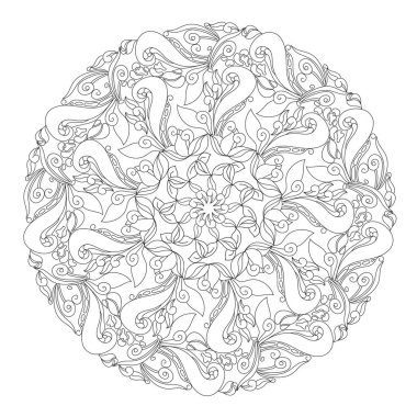 Mandala soyut çiçek, yaprak ve çiçek etnik soyut dekoratif öğeler. Kitap veya poster, yazdırma, kart boyama için çizilmiş yuvarlak siyah beyaz resim. 