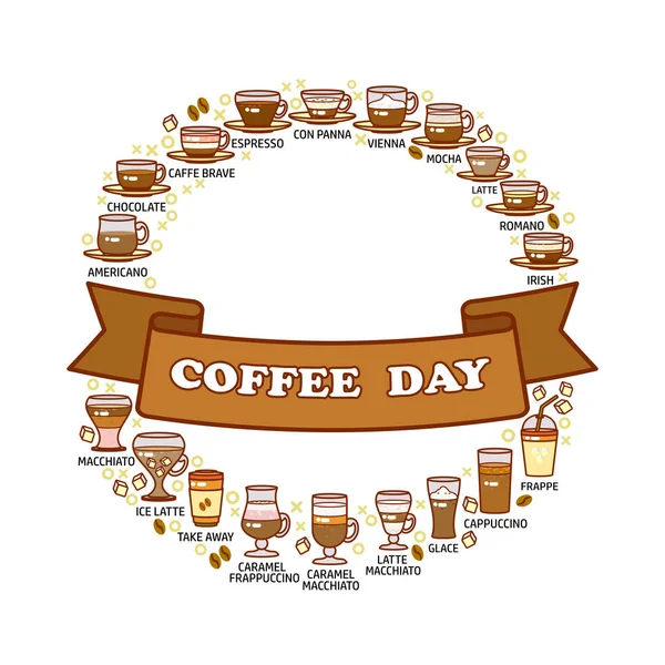 Coffee Day Card Set Cute Various Beverage Icons Decoration Coffee — Stock Vector
