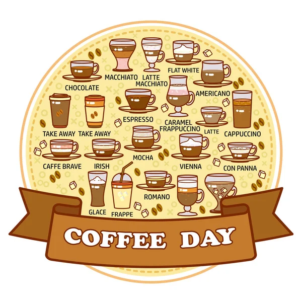 Coffee Day Card Set Cute Various Beverage Icons Decoration Coffee — Stock Vector