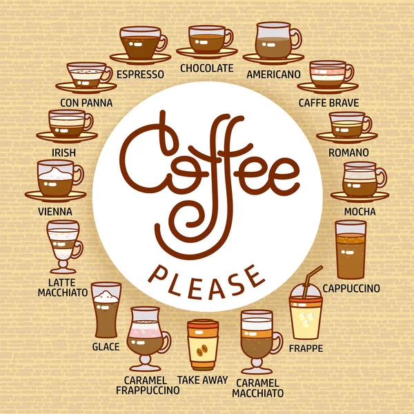 Kawy Proszę Zestaw Ładny Różnych Napojów Ikony Ozdoba Kawiarnia Kawiarnia — Wektor stockowy
