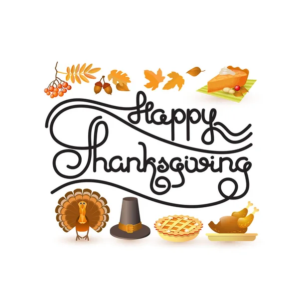 Happy Thanksgiving Kort Handskrivna Ord Och Hösten Och Thanksgiving Mat — Stock vektor
