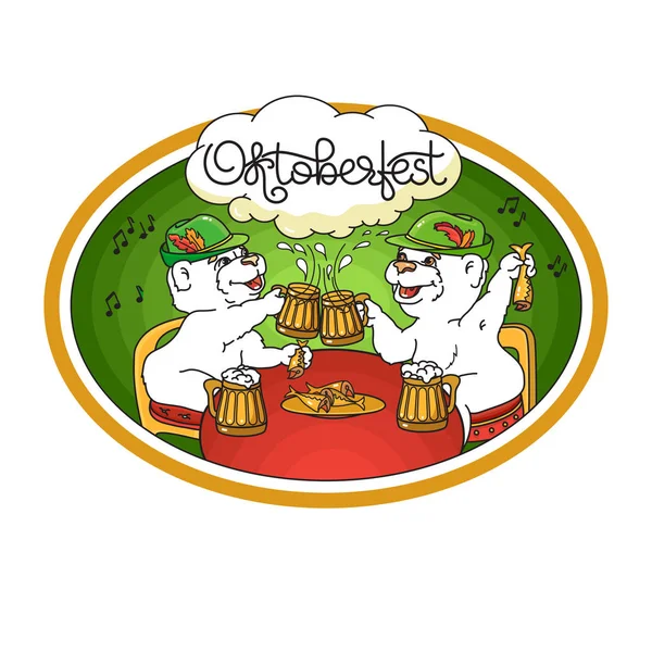 Tarjeta Oktoberfest Vector Emblema Con Oso Cerveza Pescado Palabra Escrita — Archivo Imágenes Vectoriales