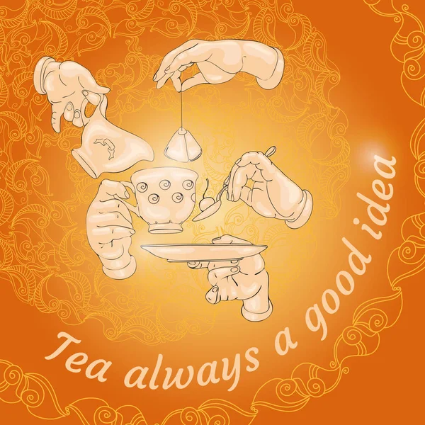 Vector Illustration Doodle Cup Hands Cookies Words Tea Always Good — Stock Vector