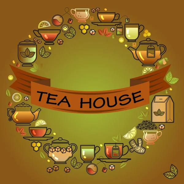 Tea House Card Frame Cup Leaf Lemon Pot Brown Ribbon — Stock Vector