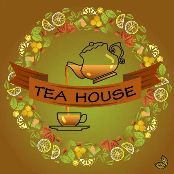 茶馆卡 圆形框架与杯子 锅和棕色丝带在绿色的背景 矢量模板 — 图库矢量图片