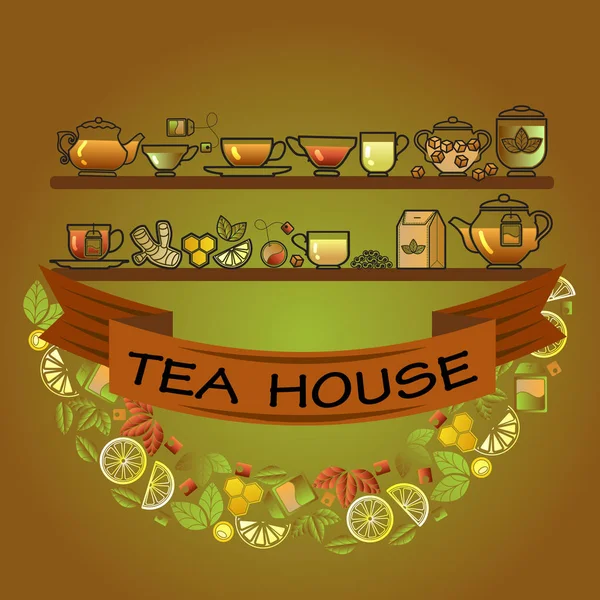 Τσάι Σπίτι Κάρτα Κύπελλο Φύλλο Λεμόνι Κατσαρόλα Και Καφέ Κορδέλα — Διανυσματικό Αρχείο