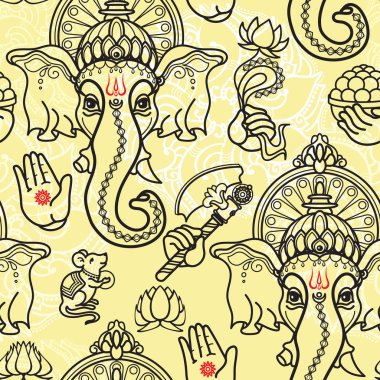 Vektör seamless modeli el hat sanatı Ganesha simgesi lidht arka plan üzerinde çizilmiş. Ganesh vektör çizim.