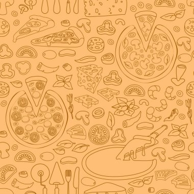 Vektör seamless modeli el tek renkli pizza madde simgesi üzerinde açık kahverengi renkli çizilmiş..