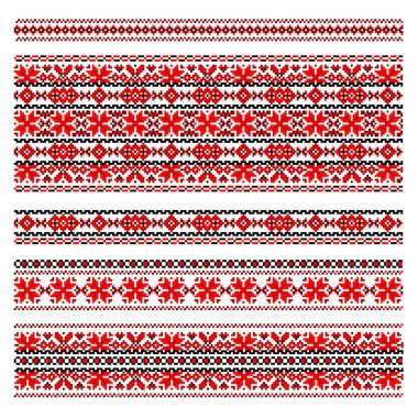 Geleneksel Ukrayna halk nakış deseni. Beyaz izole kırmızı ve siyah desenler. El yapımı Kanaviçe işi etnik Ukrayna desen. Kırmızı ve siyah etnik desenleri nakış dikiş için.