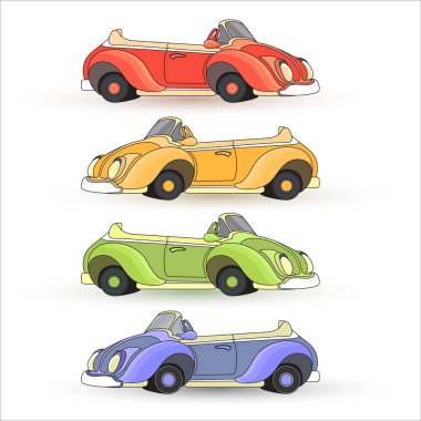 Renkli vektör kümesi oyuncak arabalar beyaz arka plan üzerinde izole. Komik karikatür cabriolets topluluğu. Retro oyuncak araba. Yan görünümü. Otomobil.