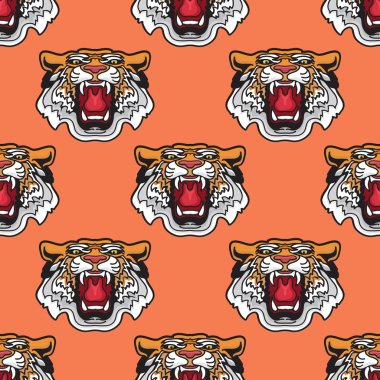 Seamless modeli. Vektör çizim karikatür kaplan kafa. Vahşi hayvan arka plan.
