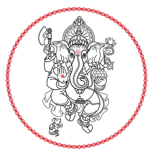 Hinduski Bóg Ganesha Ilustracja Wektora Czarna Linia Białym Tle — Wektor stockowy