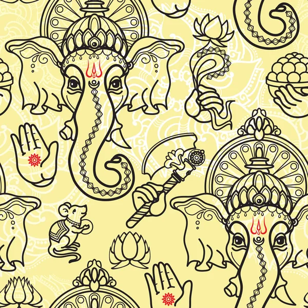 Vector Seamless Pattern Hand Drawn Line Art Ganesha Icon Lidht — Stock Vector