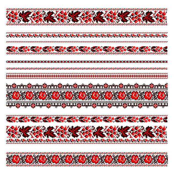Вышивка традиционного украинского народного искусства. Красные и черные узоры изолированы на белом. Ручной кросс-стежок этнической Украины. Набор красных и черных этнических узоров для вышивки
.