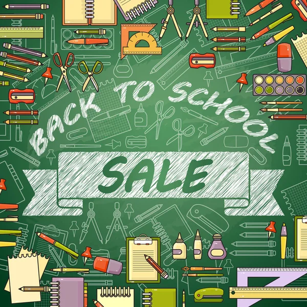 Okul malzemeleri ve yazı tahtası satış Okulu için yazıt ile vektör çizimi. Arka planı farklı okul nesnelerle.