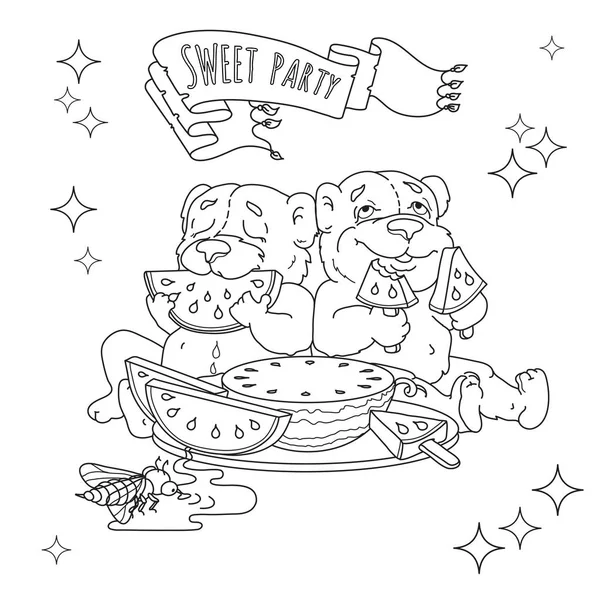 Twee Grappige Beren Eten Watermeloen Woorden Lint Sweet Partij Vectorillustratie — Stockvector