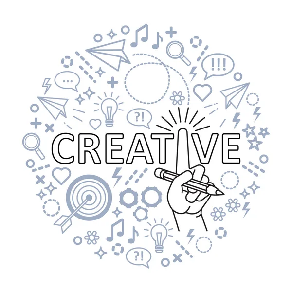 Kreative Ideen Zeilenkunst Hand Mit Bleistift Und Eine Reihe Kreativer — Stockvektor
