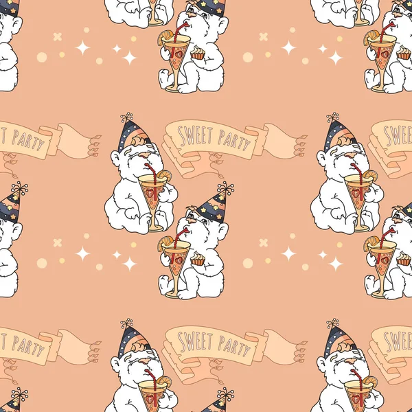 Vector Seamless pattern with cute bears on pink background. Sweet party. Two  bears are drinking a fruit cocktail from high glasses.