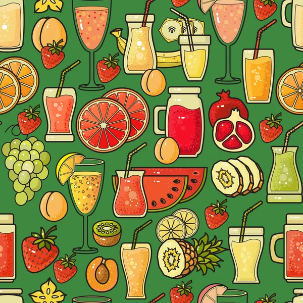 矢量无缝图案的手绘线艺术果汁图标上的绿色背景 食品平面设计向量例证 — 图库矢量图片
