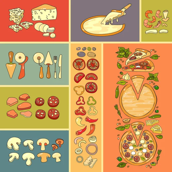 Значок Пиццы Набор Милых Различных Значков Ингредиентов Пиццы Векторная Иллюстрация — стоковый вектор