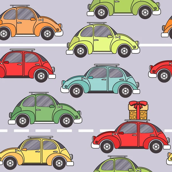 Kreslený Vzor Bezešvé Retro Auto Vektorové Ilustrace Automobilový Hračka Šedém — Stockový vektor