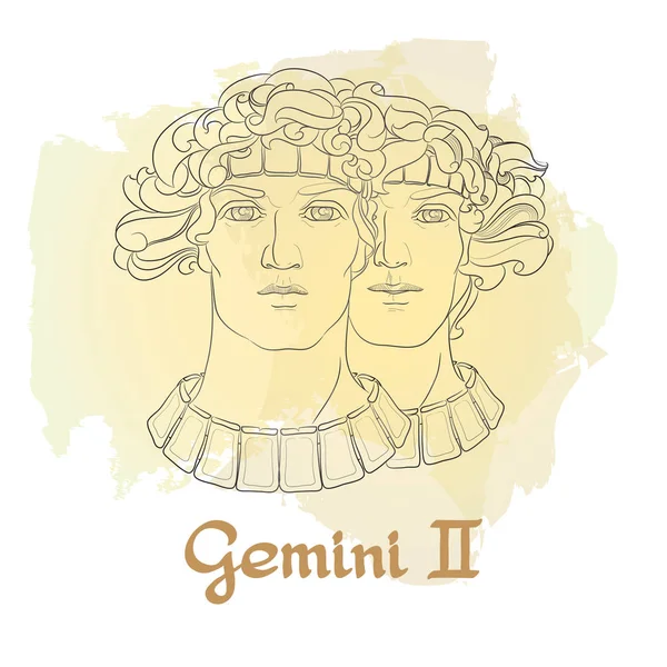 Hand Drawn Line Art Decorative Zodiac Sign Gemini White Background — Stock Vector