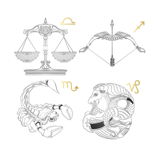 Art Ligne Dessinée Main Signe Décoratif Zodiaque Balance Sagittaire Scorpion — Image vectorielle