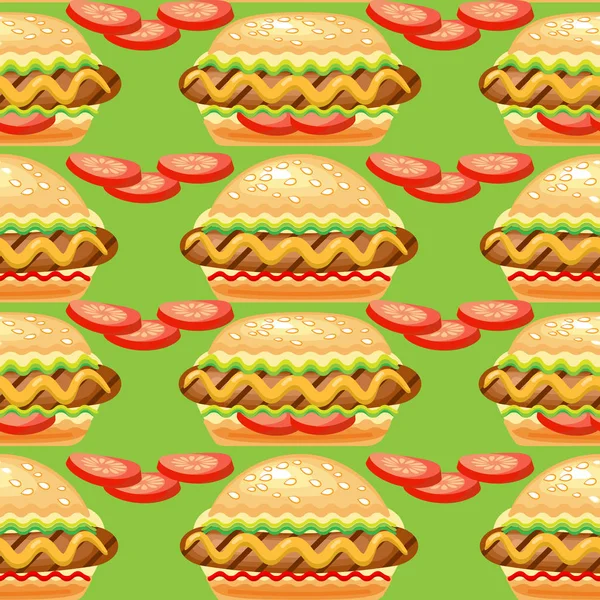 Vector Seamless Pattern Big Hot Dog Tomato Slices National Hot — Stock Vector