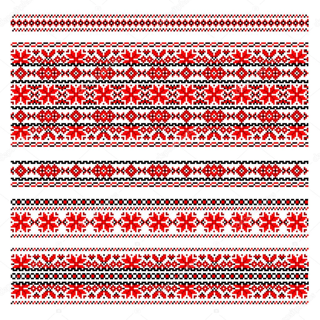 Traditional Ukraine folk art embroidery pattern. Red and black patterns isolated on white. Handmade cross-stitch ethnic Ukraine pattern. Set of red and black ethnic patterns for embroidery stitch.