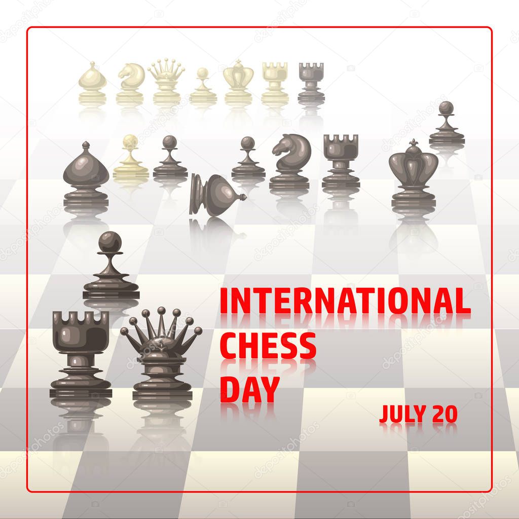 Chess background. International chess day card. July 20. Holiday congratulation poster